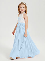 Robes de Demoiselle d'Honneur Longues en Mousseline avec Haut en Dentelle Bleu Ciel