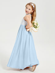 Robes de Demoiselle d'Honneur Longues en Mousseline avec Haut en Dentelle Bleu Ciel