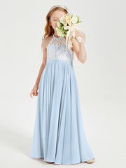 Robes de Demoiselle d'Honneur Longues en Mousseline avec Haut en Dentelle Bleu Ciel