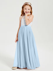 Robes de Demoiselle d'Honneur Longues en Mousseline avec Haut en Dentelle Bleu Ciel