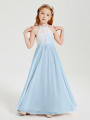 Robes de Demoiselle d'Honneur Longues en Mousseline avec Haut en Dentelle Bleu Ciel