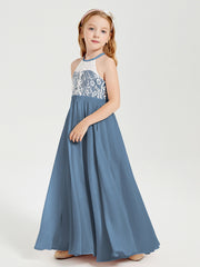 Robes de Demoiselle d'Honneur Longues en Mousseline avec Haut en Dentelle Bleu de Schiste