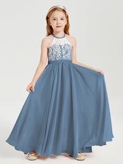 Robes de Demoiselle d'Honneur Longues en Mousseline avec Haut en Dentelle Bleu de Schiste