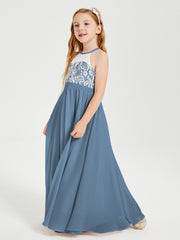 Robes de Demoiselle d'Honneur Longues en Mousseline avec Haut en Dentelle Bleu de Schiste