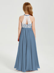 Robes de Demoiselle d'Honneur Longues en Mousseline avec Haut en Dentelle Bleu de Schiste