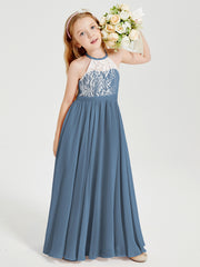 Robes de Demoiselle d'Honneur Longues en Mousseline avec Haut en Dentelle Bleu de Schiste