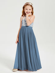 Robes de Demoiselle d'Honneur Longues en Mousseline avec Haut en Dentelle Bleu de Schiste