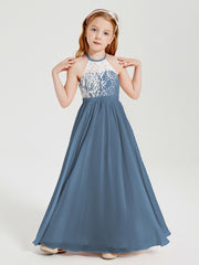 Robes de Demoiselle d'Honneur Longues en Mousseline avec Haut en Dentelle Bleu de Schiste