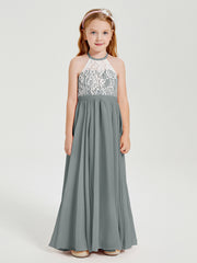 Robes de Demoiselle d'Honneur Longues en Mousseline avec Haut en Dentelle Gris Acier