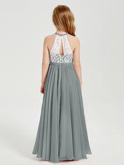 Robes de Demoiselle d'Honneur Longues en Mousseline avec Haut en Dentelle Gris Acier
