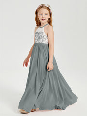 Robes de Demoiselle d'Honneur Longues en Mousseline avec Haut en Dentelle Gris Acier