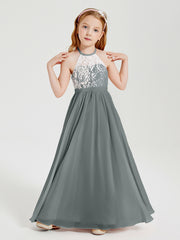 Robes de Demoiselle d'Honneur Longues en Mousseline avec Haut en Dentelle Gris Acier