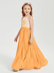Robes de Demoiselle d'Honneur Longues en Mousseline avec Haut en Dentelle Mandarine