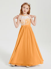 Robes de Demoiselle d'Honneur Longues en Mousseline avec Haut en Dentelle Mandarine