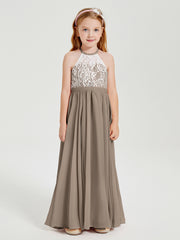 Robes de Demoiselle d'Honneur Longues en Mousseline avec Haut en Dentelle Taupe
