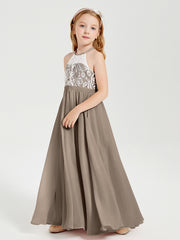 Robes de Demoiselle d'Honneur Longues en Mousseline avec Haut en Dentelle Taupe