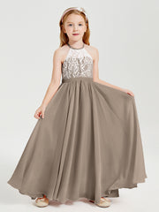 Robes de Demoiselle d'Honneur Longues en Mousseline avec Haut en Dentelle Taupe