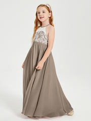 Robes de Demoiselle d'Honneur Longues en Mousseline avec Haut en Dentelle Taupe