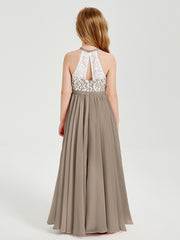 Robes de Demoiselle d'Honneur Longues en Mousseline avec Haut en Dentelle Taupe