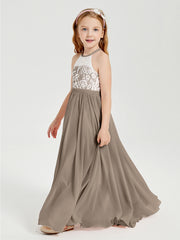 Robes de Demoiselle d'Honneur Longues en Mousseline avec Haut en Dentelle Taupe