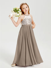 Robes de Demoiselle d'Honneur Longues en Mousseline avec Haut en Dentelle Taupe