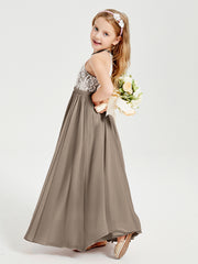 Robes de Demoiselle d'Honneur Longues en Mousseline avec Haut en Dentelle Taupe