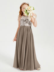 Robes de Demoiselle d'Honneur Longues en Mousseline avec Haut en Dentelle Taupe