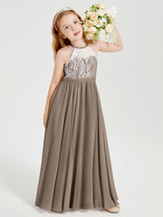 Robes de Demoiselle d'Honneur Longues en Mousseline avec Haut en Dentelle Taupe