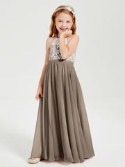 Robes de Demoiselle d'Honneur Longues en Mousseline avec Haut en Dentelle Taupe