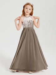 Robes de Demoiselle d'Honneur Longues en Mousseline avec Haut en Dentelle Taupe