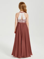 Robes de Demoiselle d'Honneur Longues en Mousseline avec Haut en Dentelle Terracotta