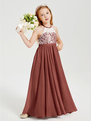 Robes de Demoiselle d'Honneur Longues en Mousseline avec Haut en Dentelle Terracotta