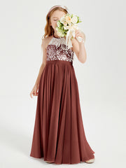 Robes de Demoiselle d'Honneur Longues en Mousseline avec Haut en Dentelle Terracotta