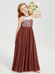 Robes de Demoiselle d'Honneur Longues en Mousseline avec Haut en Dentelle Terracotta