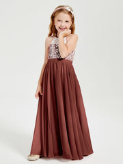Robes de Demoiselle d'Honneur Longues en Mousseline avec Haut en Dentelle Terracotta