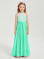 Robes de Demoiselle d'Honneur Longues en Mousseline avec Haut en Dentelle Turquoise
