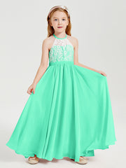 Robes de Demoiselle d'Honneur Longues en Mousseline avec Haut en Dentelle Turquoise