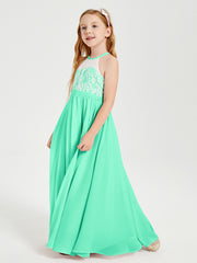 Robes de Demoiselle d'Honneur Longues en Mousseline avec Haut en Dentelle Turquoise