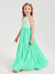 Robes de Demoiselle d'Honneur Longues en Mousseline avec Haut en Dentelle Turquoise