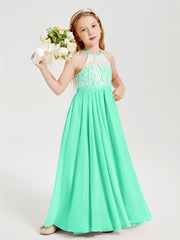 Robes de Demoiselle d'Honneur Longues en Mousseline avec Haut en Dentelle Turquoise