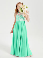 Robes de Demoiselle d'Honneur Longues en Mousseline avec Haut en Dentelle Turquoise