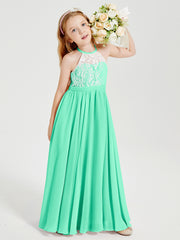 Robes de Demoiselle d'Honneur Longues en Mousseline avec Haut en Dentelle Turquoise