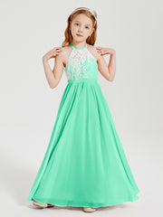 Robes de Demoiselle d'Honneur Longues en Mousseline avec Haut en Dentelle Turquoise