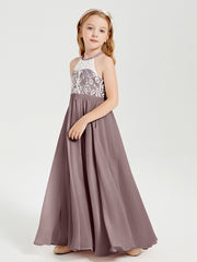 Robes de Demoiselle d'Honneur Longues en Mousseline avec Haut en Dentelle Vintage Mauve