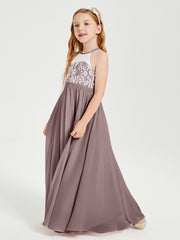 Robes de Demoiselle d'Honneur Longues en Mousseline avec Haut en Dentelle Vintage Mauve