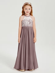 Robes de Demoiselle d'Honneur Longues en Mousseline avec Haut en Dentelle Vintage Mauve