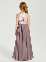 Robes de Demoiselle d'Honneur Longues en Mousseline avec Haut en Dentelle Vintage Mauve