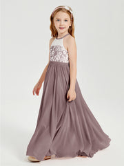 Robes de Demoiselle d'Honneur Longues en Mousseline avec Haut en Dentelle Vintage Mauve