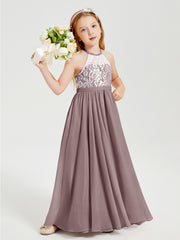 Robes de Demoiselle d'Honneur Longues en Mousseline avec Haut en Dentelle Vintage Mauve