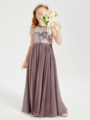 Robes de Demoiselle d'Honneur Longues en Mousseline avec Haut en Dentelle Vintage Mauve